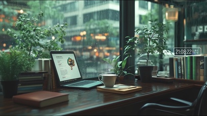 护眼·雨天街道旁的咖啡吧