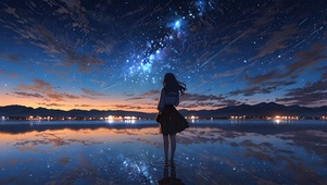 夜晚湖面少女