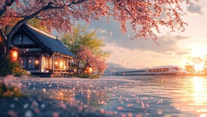 黄昏下的唯美湖畔樱花湖泊