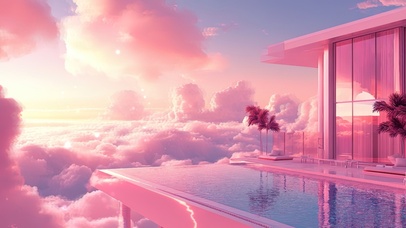 绚丽粉色云彩无边泳池