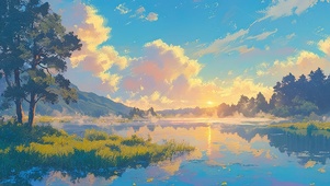 静谧落日湖畔