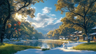 冬日清晨湖泊小镇