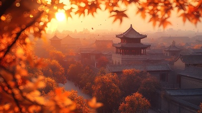 秋日唯美古镇落日