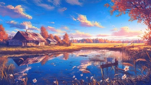 秋季湖畔小屋