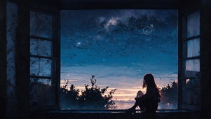 夜晚窗边少女