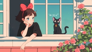 可爱少女和猫