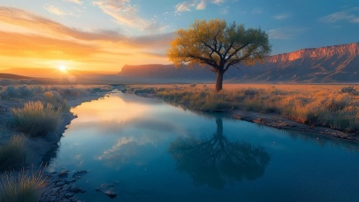 河畔独树的日出