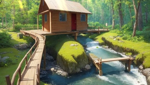 森林小溪边的木屋