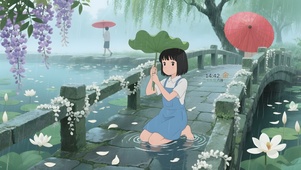 雨天石桥女孩
