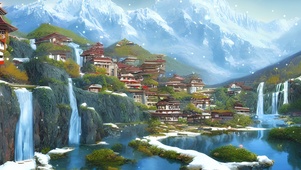 雪山下的瀑布小镇