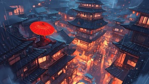 雨中俯瞰古镇