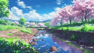 樱花溪流景色