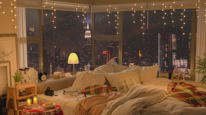 唯美治愈城市新年烟花雪景房间