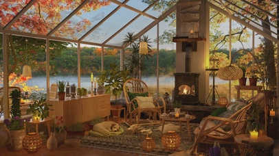 唯美治愈湖中木屋房间