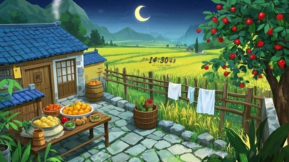 月下稻田乡村小屋