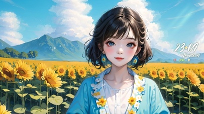 向日葵花田中的可爱女孩