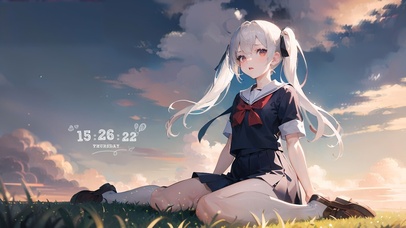 户外晚霞草地少女