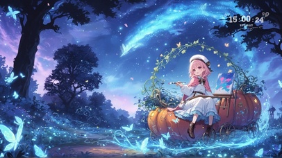 夜晚南瓜车绘画少女