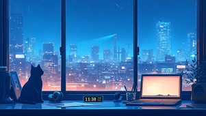 4K唯美窗外动漫雨夜城市