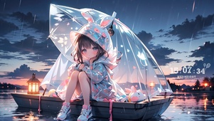 治愈傍晚船上女孩
