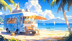 4k海边浪漫餐车