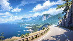 4K唯美治愈夏日动漫公路海景
