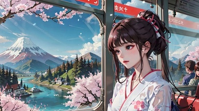 电车中看风景的女孩