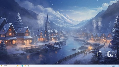 夜景雪景树木房屋河流桌面主题