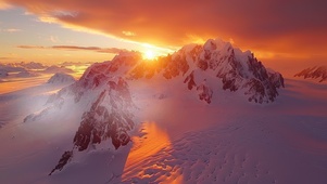 落日白雪覆盖的南极雪山