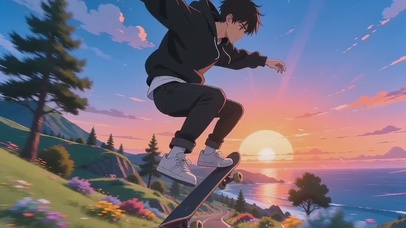 落日余晖下の滑板少年