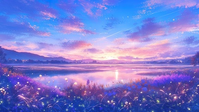 梦幻落日鲜花湖畔