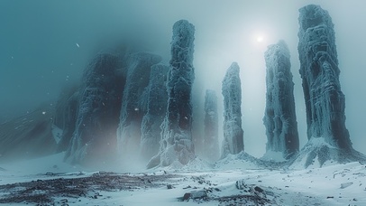 冬季的巨型柱状岩石群