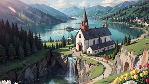 湖边瀑布教堂