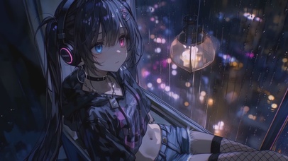 雨中窗边异瞳少女