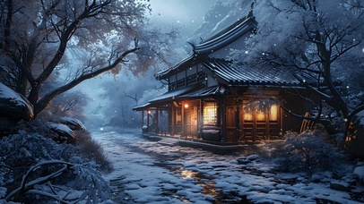 雪中古风小屋