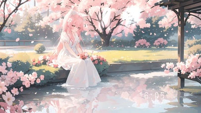 唯美后院樱花池塘少女