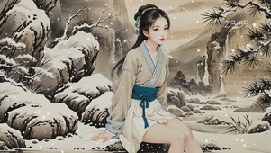 4K水墨画里的汉服美女