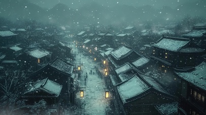 大雪纷飞古镇街景