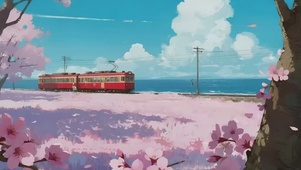 复古的红色的海上电车风景