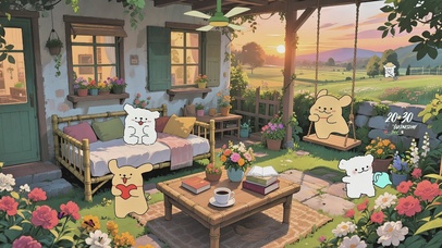 傍晚乡村小屋聚会的线条小狗