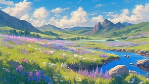 静谧山坡鲜花草原