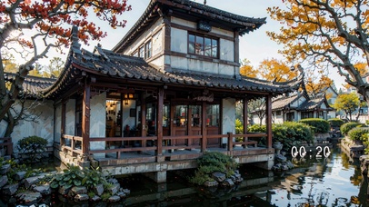 4K唯美古风楼台倒影入池塘