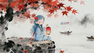 枫叶下的提灯少女