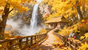 山中瀑布边的栈道小屋