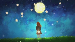 月夜卡通星空萤火虫小女孩