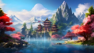 古寺青山瀑布