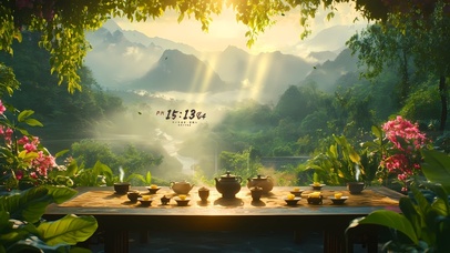 夕阳花落山水间