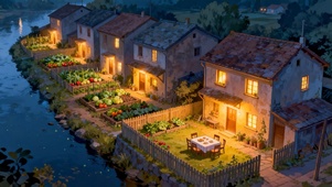 夜晚河边乡下小屋