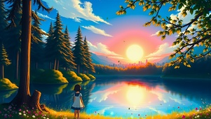 夕阳森林湖景