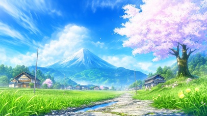 雪山下的樱花村庄